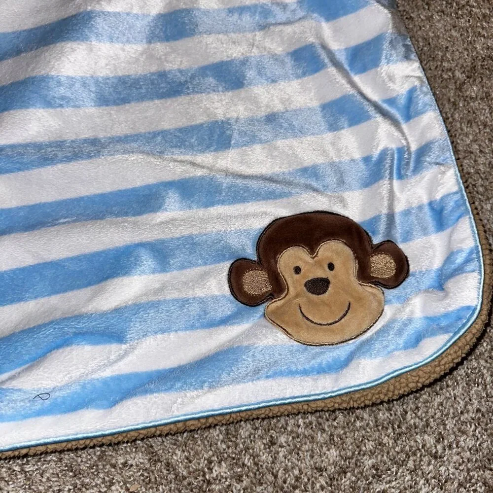 Just One You Carter's Monkey Baby Blanket Striped Blue Brown Soft Sherpa